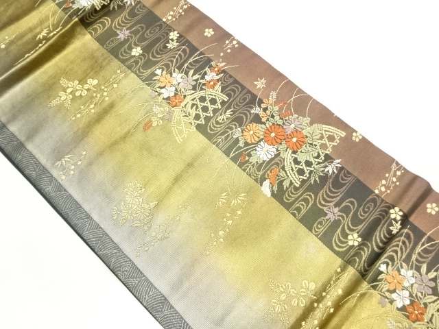 引箔縞に秋草・流水模様織出し開き名古屋帯（額縁仕立て）